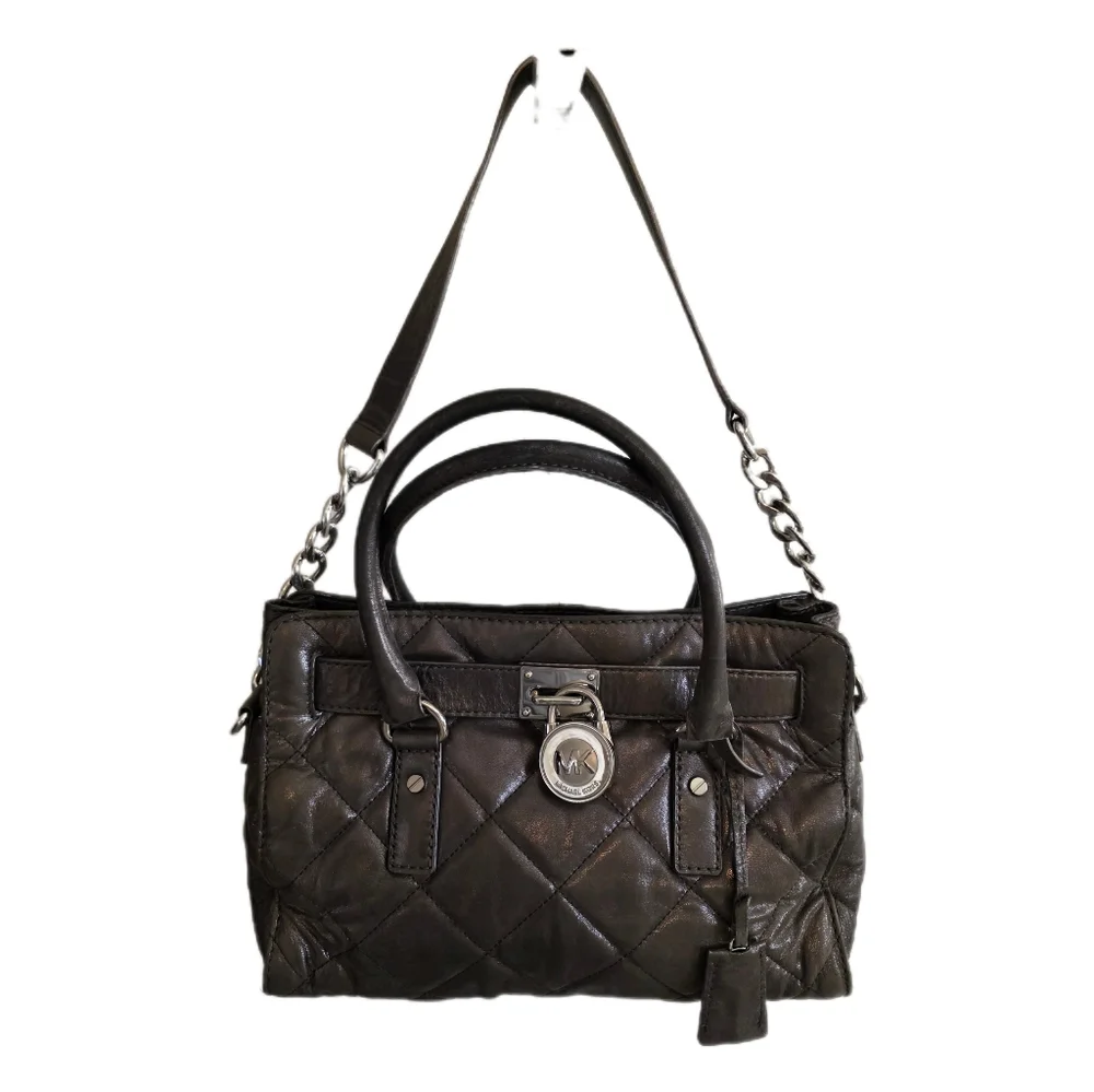Michael Kors Hamilton Quilted Gun Metal Gray Leather Tote Shoulder Bag EUC